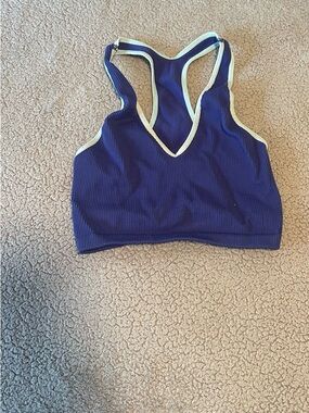 Ribbed Racerback Sports Bra in Navy with Cream Trim